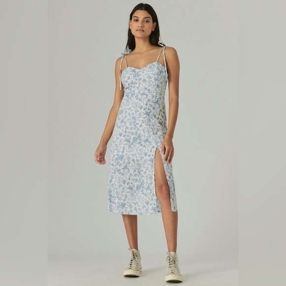 NWT Lucky Brand Blue & White Lined Bustier Style Floral Midi Dress w Side Slit - Picture 13 of 13